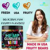 Healthergize Hemp Gummies jar with label and nutritional information