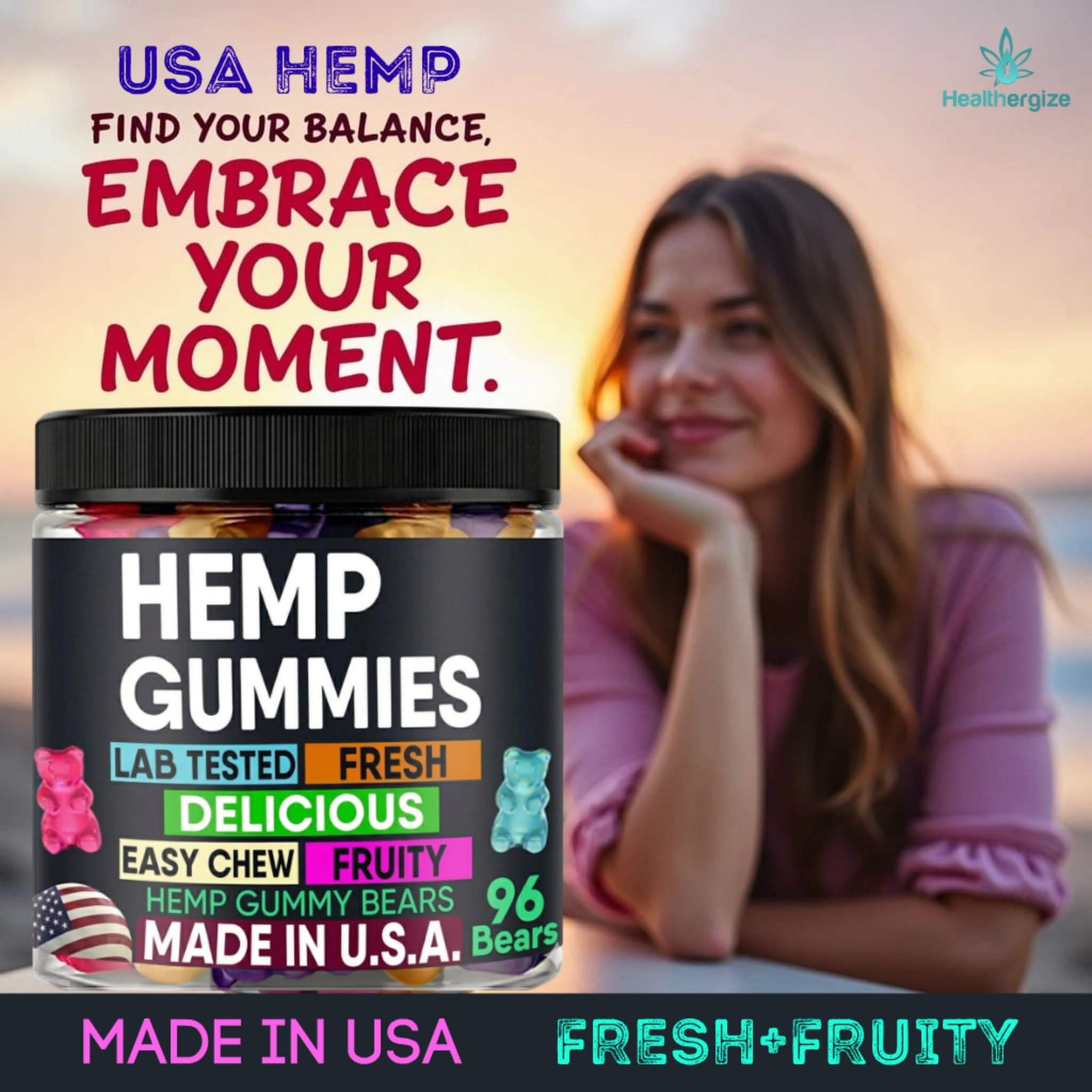 Healthergize Hemp Gummies on a wooden table with fruits