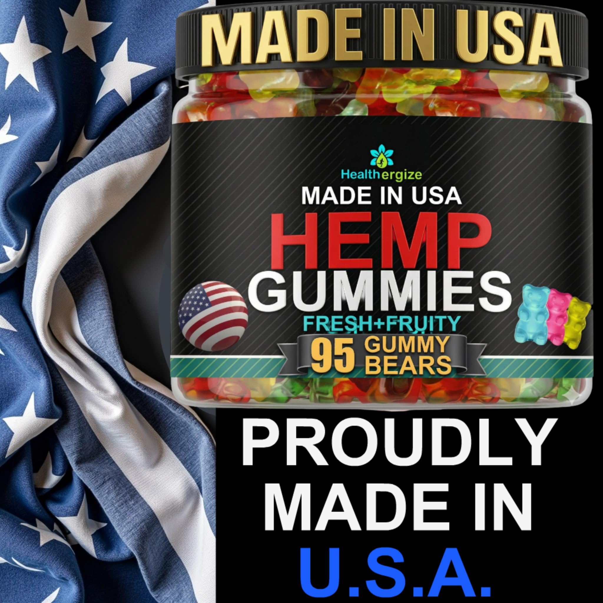 Healthergize Hemp Gummies packaging with nutritional information