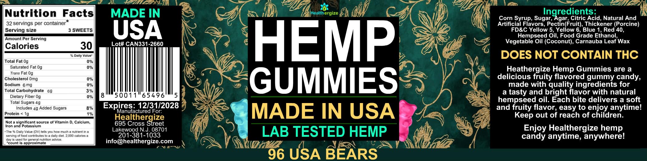 Healthergize Hemp Gummies packaging with nutritional information