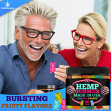 Healthergize Hemp Gummies showing Blue Raspberry and Strawberry