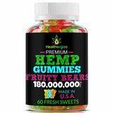 Healthergize Hemp Gummies with fresh fruit background