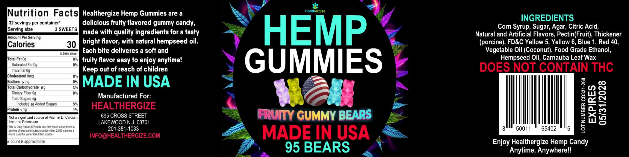 Healthergize Hemp Gummies with fresh fruits as background