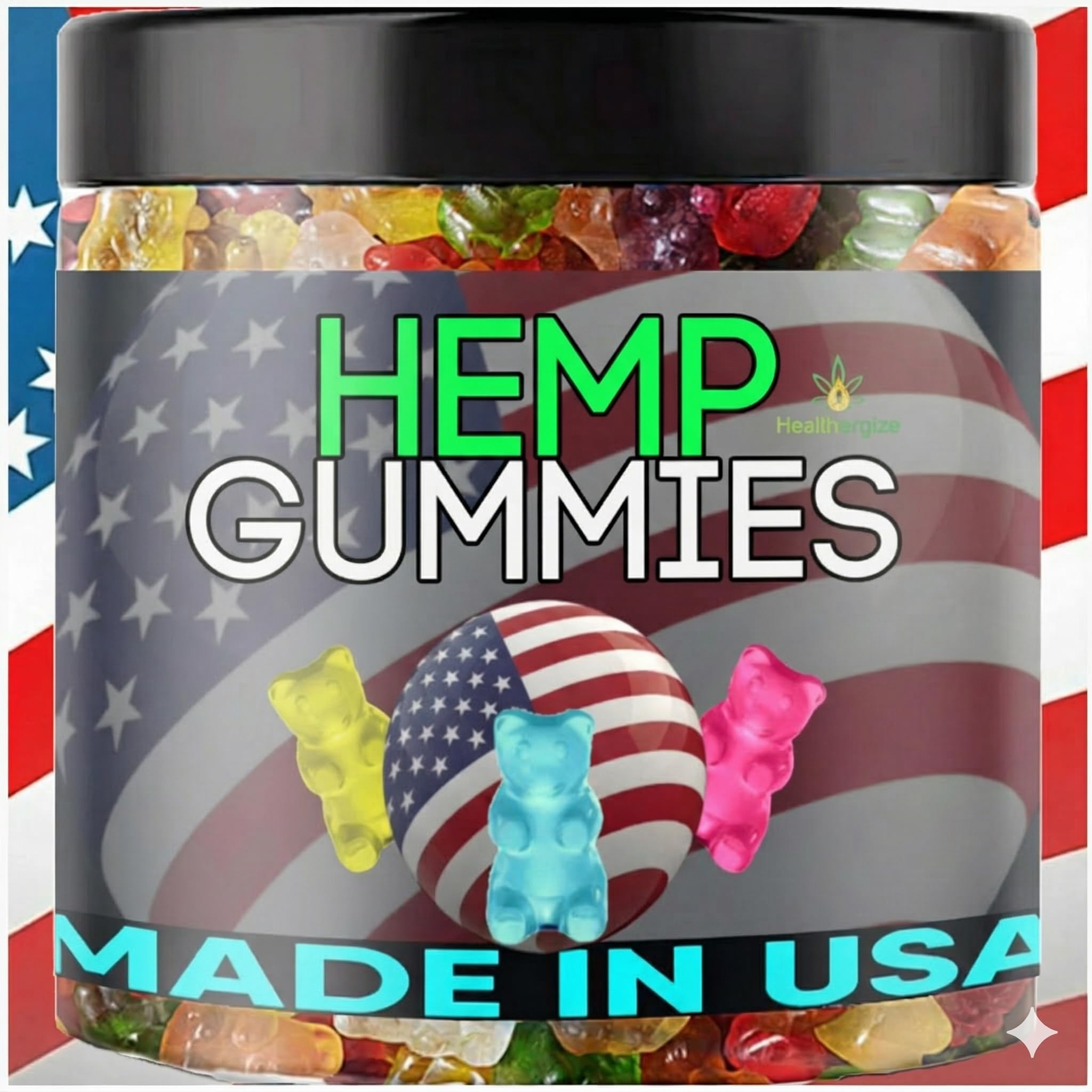 Healthergize Hemp Oil Gummies front view with fruity packaging