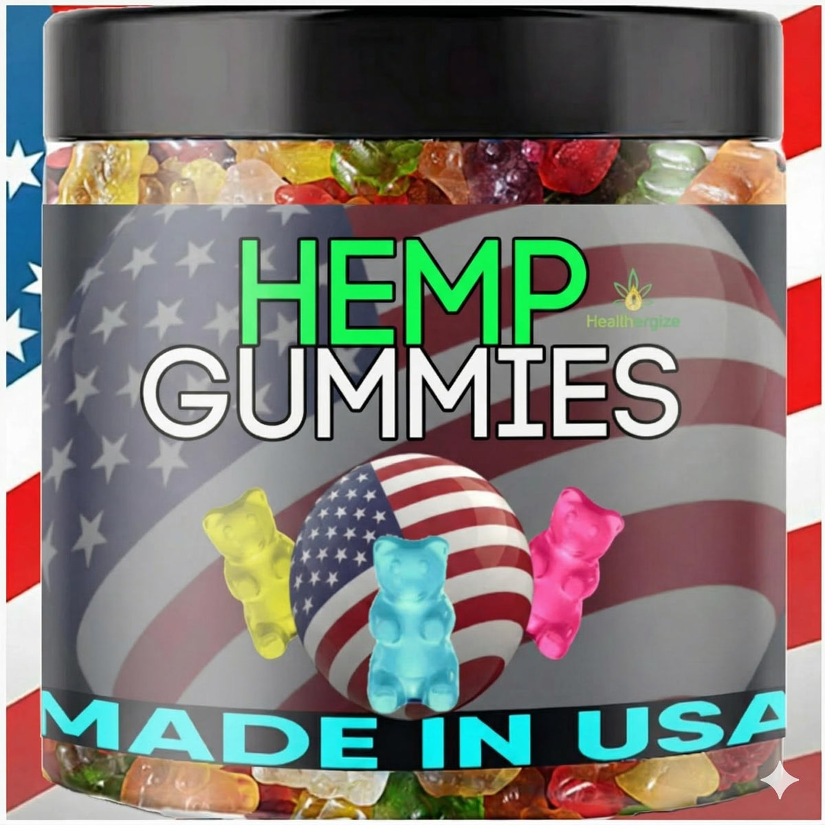Healthergize Hemp Oil Gummies front view with fruity packaging
