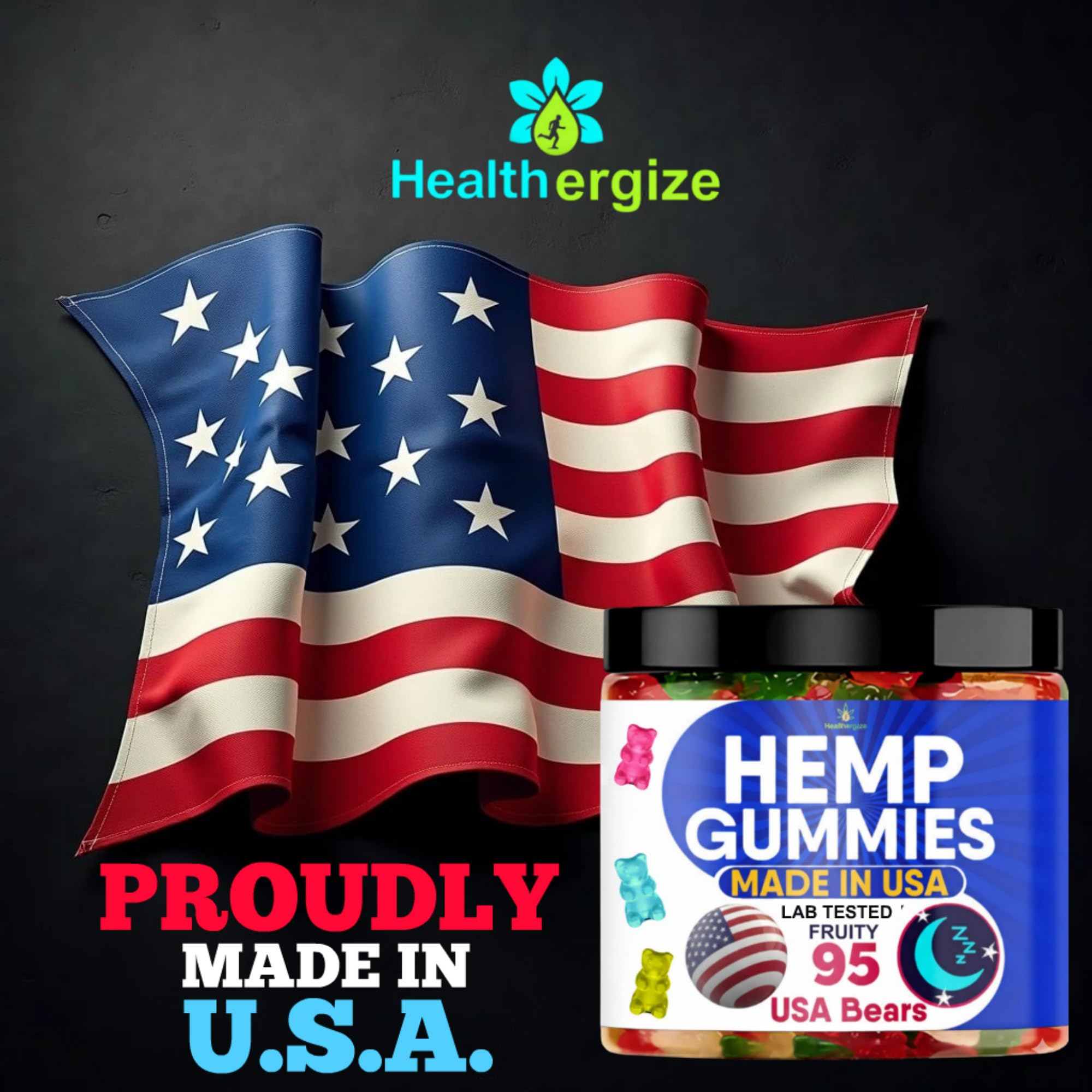 Healthergize Hemp Oil Gummies on a table with fruits