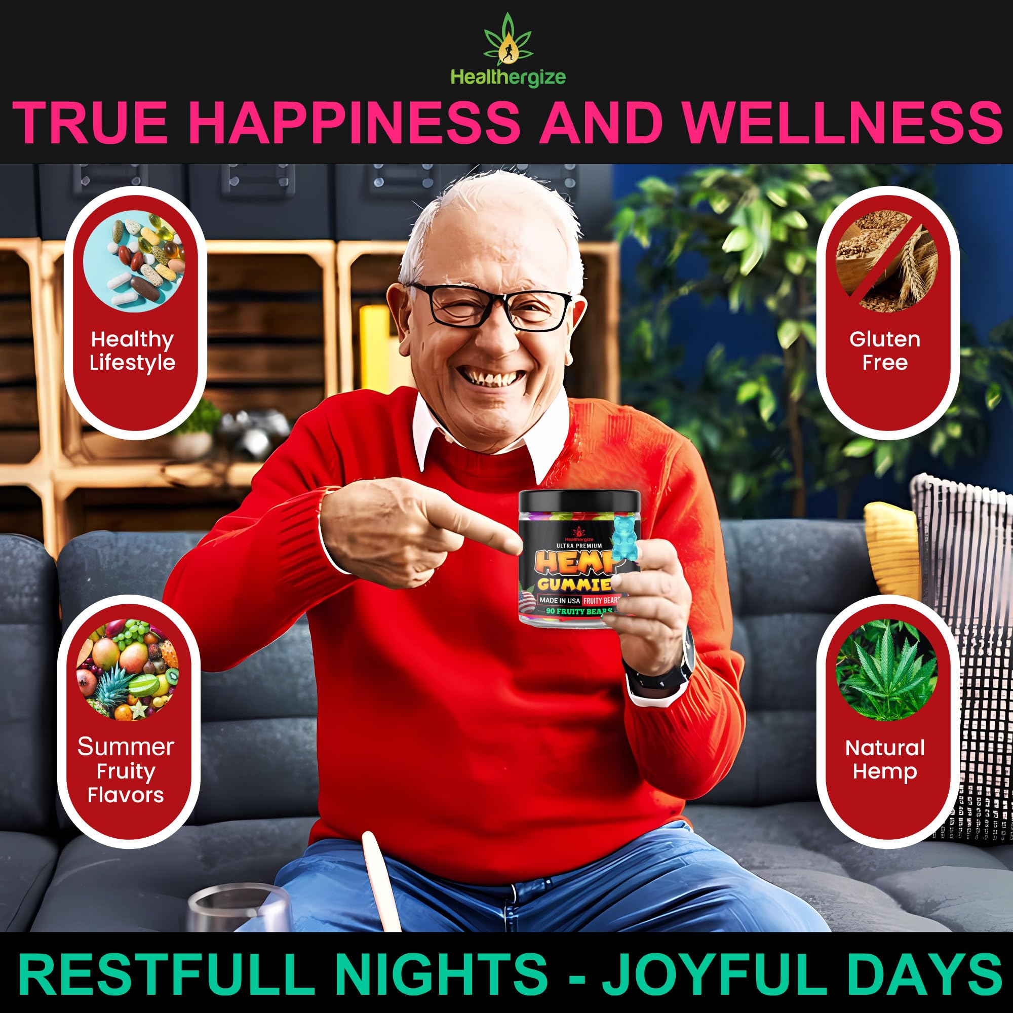 Healthergize Hempseed Oil Gummies with ingredients