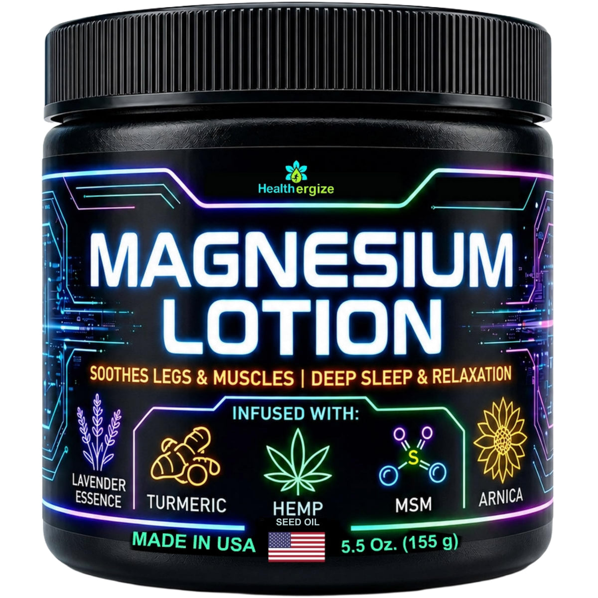 Healthergize Magnesium Lotion 5.5 Oz front view with calming lavender scent