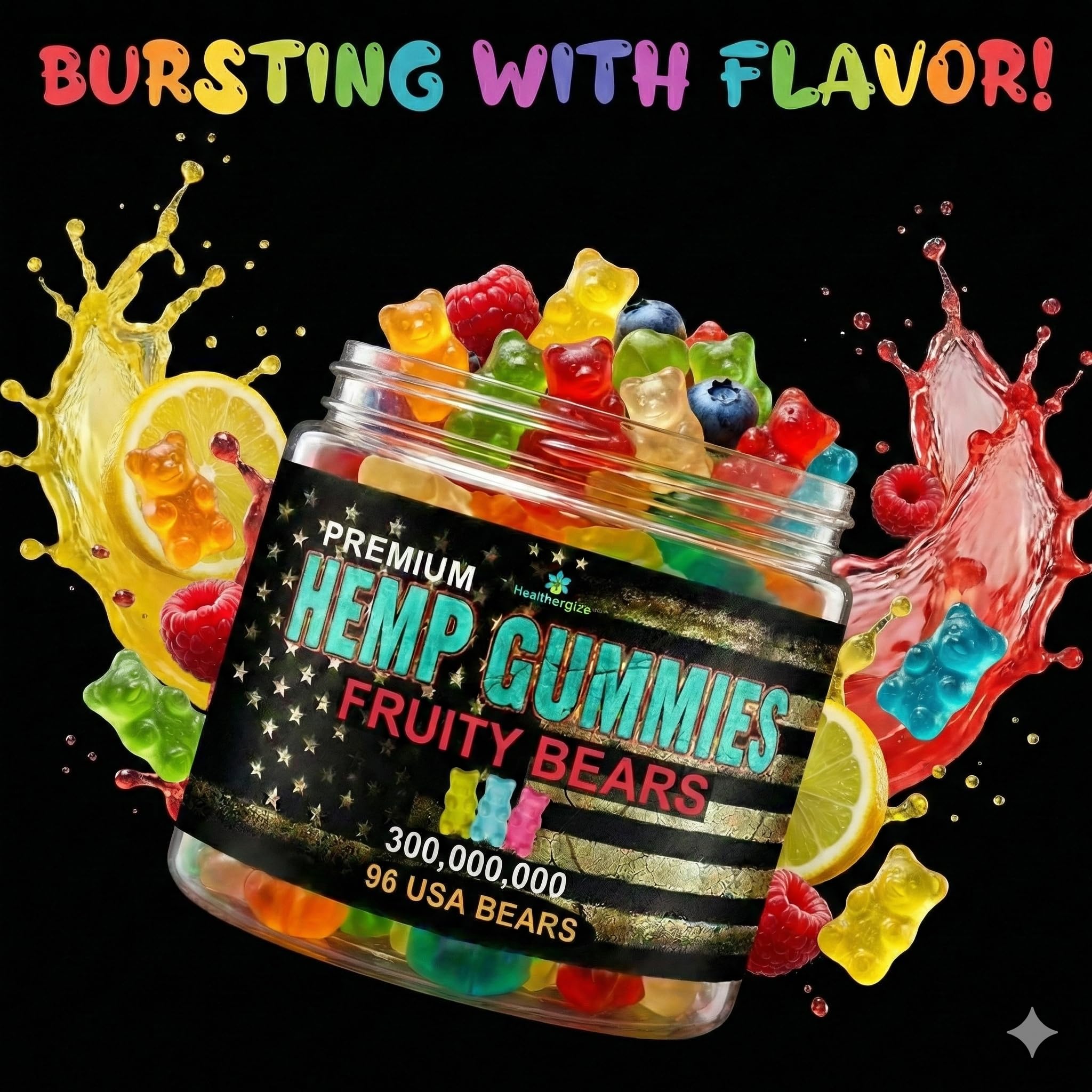 Healthergize Omega 3-6-9 gummies displayed with fresh fruit