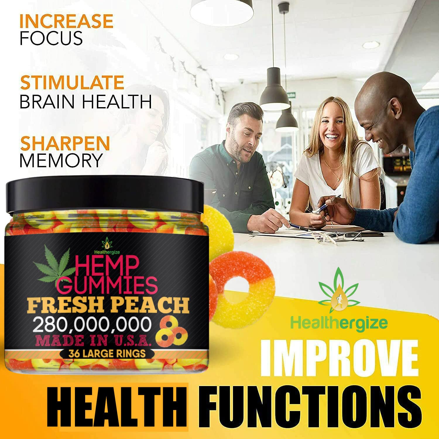 Healthergize Peach Hemp Gummies displayed on a wooden table