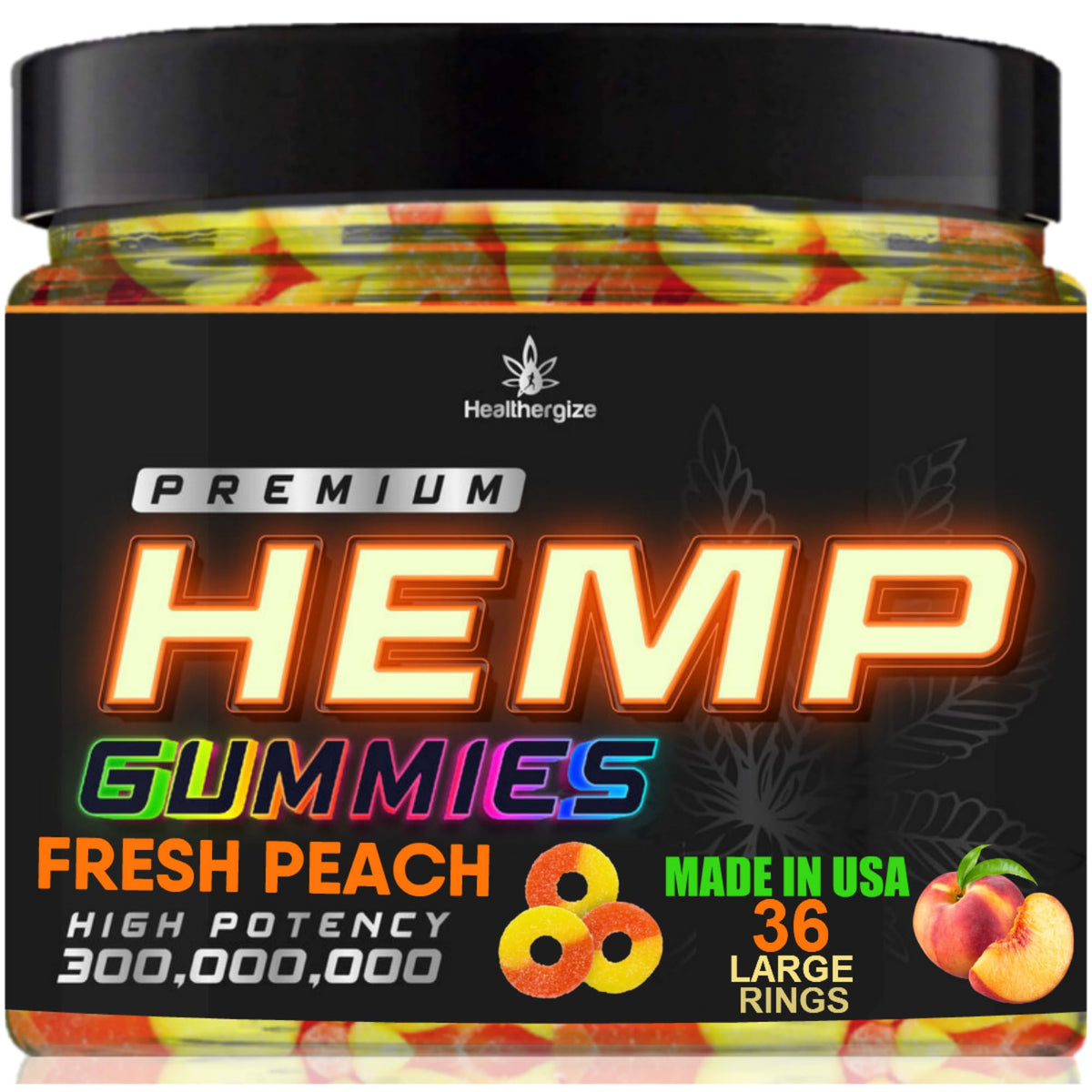 Healthergize Peach Hemp Gummies front view, 381g packaging