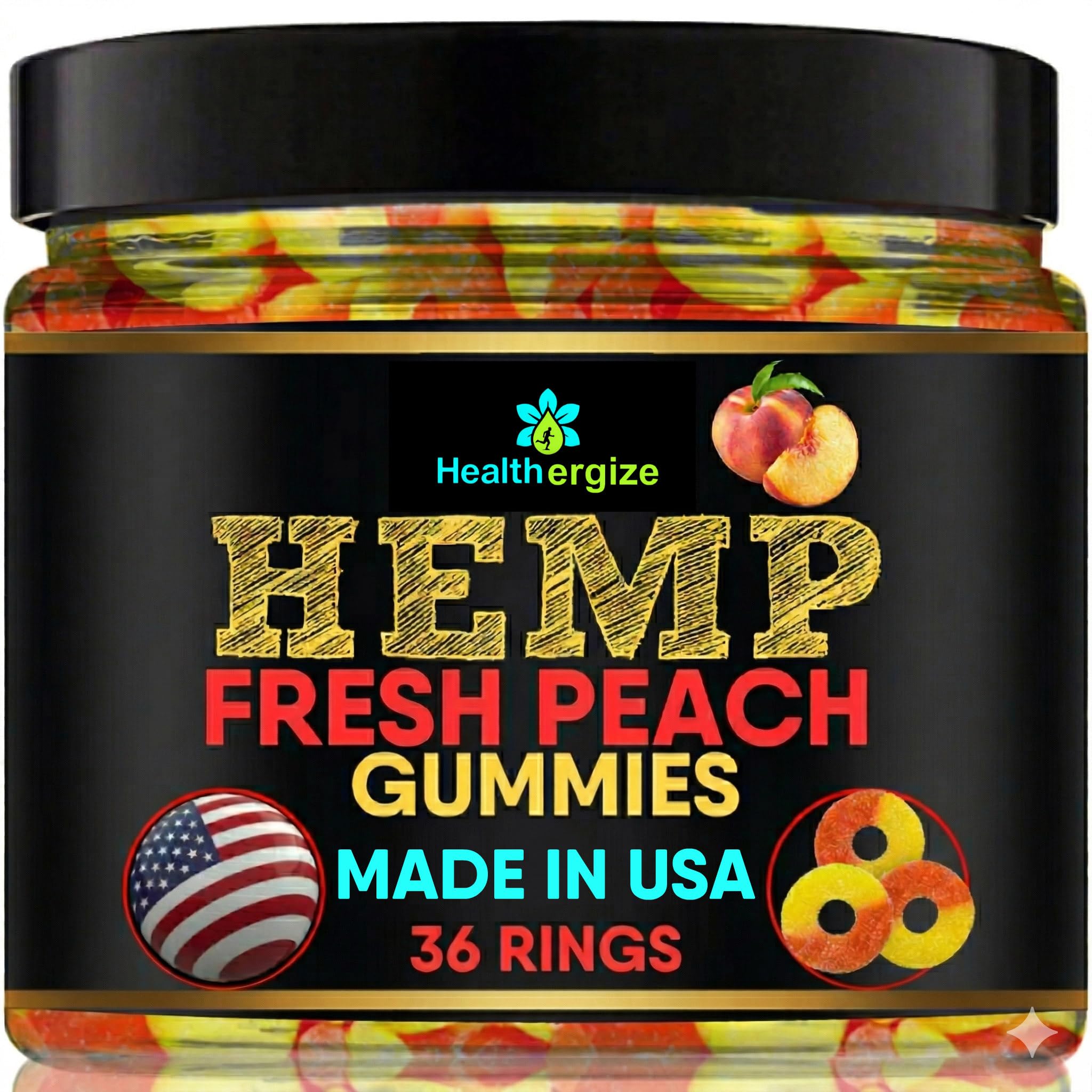 Healthergize Peach Hemp Gummies front view packaging