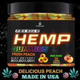 Healthergize Peach Hemp Gummies in a bowl, showcasing their peach colour