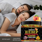 Healthergize Peach Hemp Gummies on a table with fresh peaches