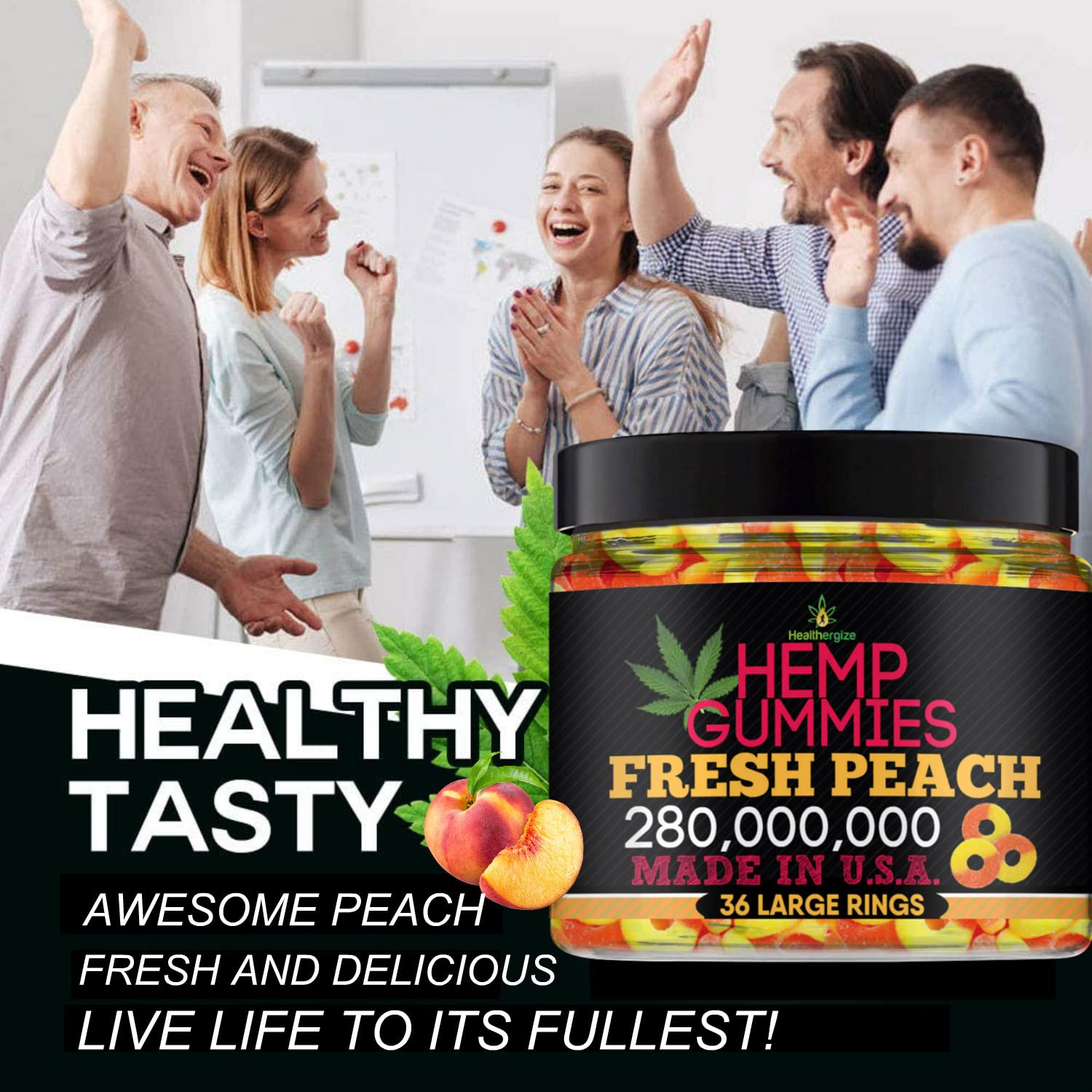 Healthergize Peach Hemp Gummies side view with nutritional information