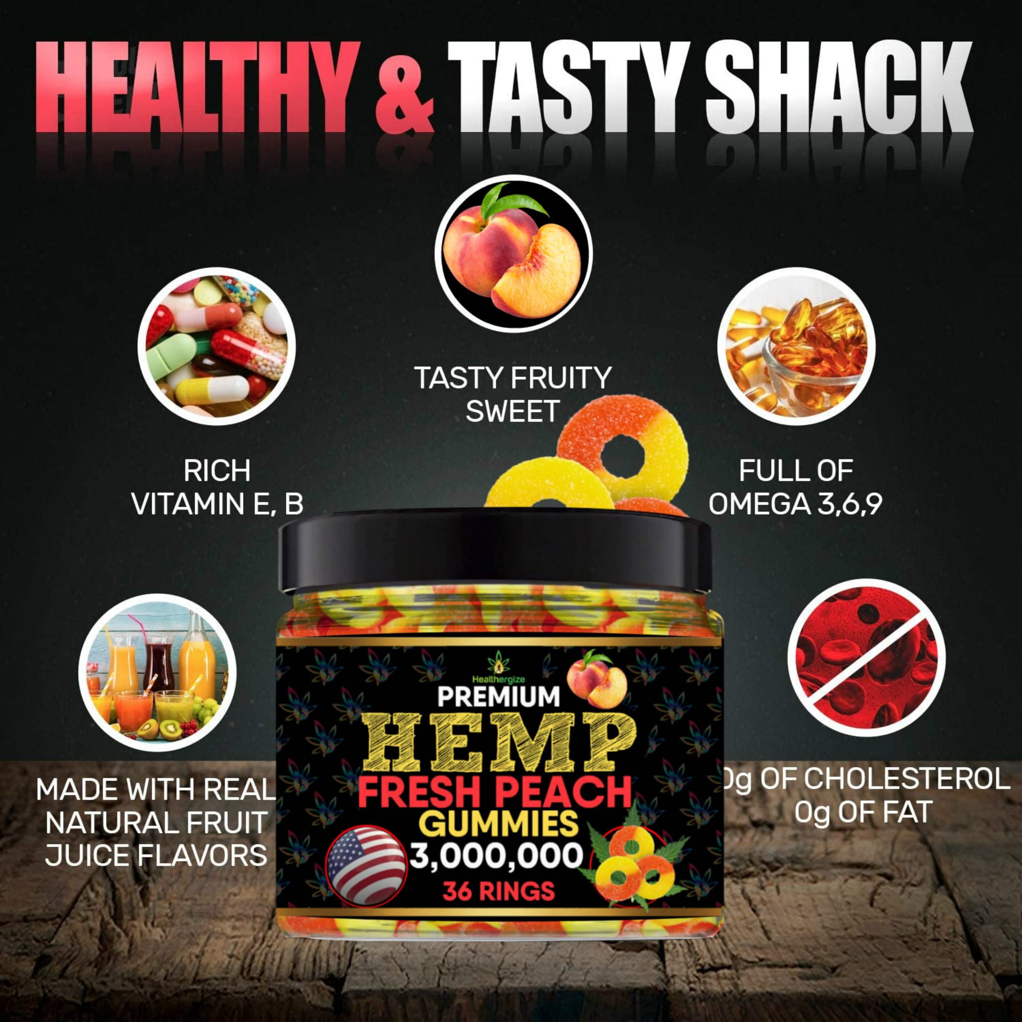 Healthergize Peach Hemp Gummies with a measuring spoon