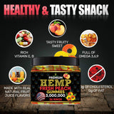 Healthergize Peach Hemp Gummies with a measuring spoon