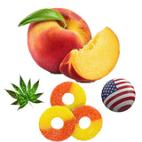Healthergize Peach Hemp Gummies with a measuring spoon for serving size