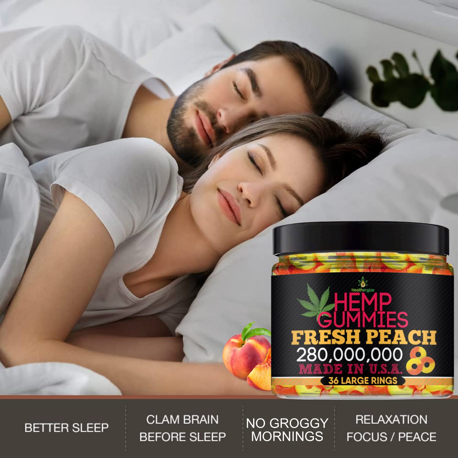 Healthergize Peach Hemp Gummies with fresh peaches in the background