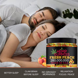Healthergize Peach Hemp Gummies with fresh peaches in the background