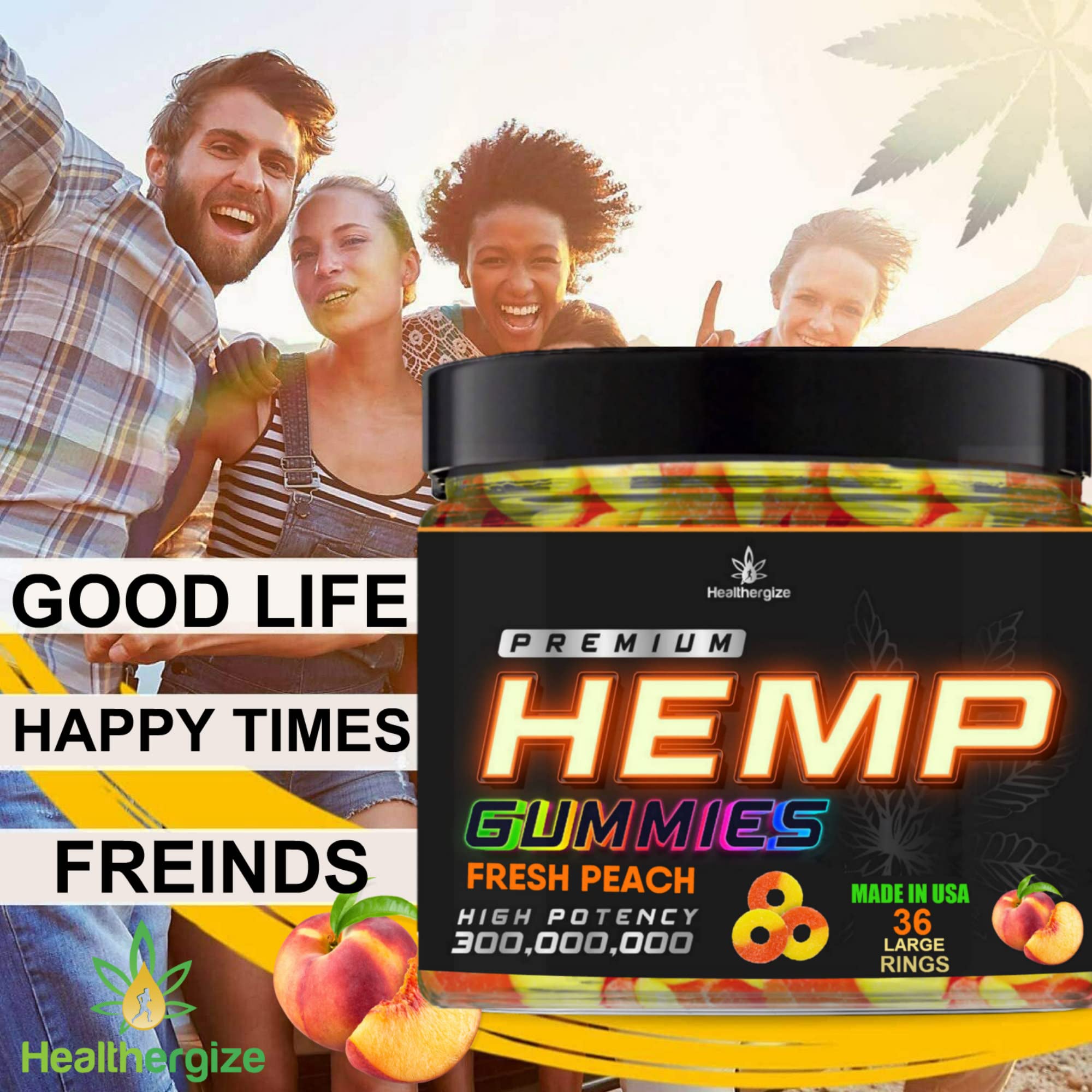 Healthergize Peach Hemp Gummies with natural hemp ingredients displayed