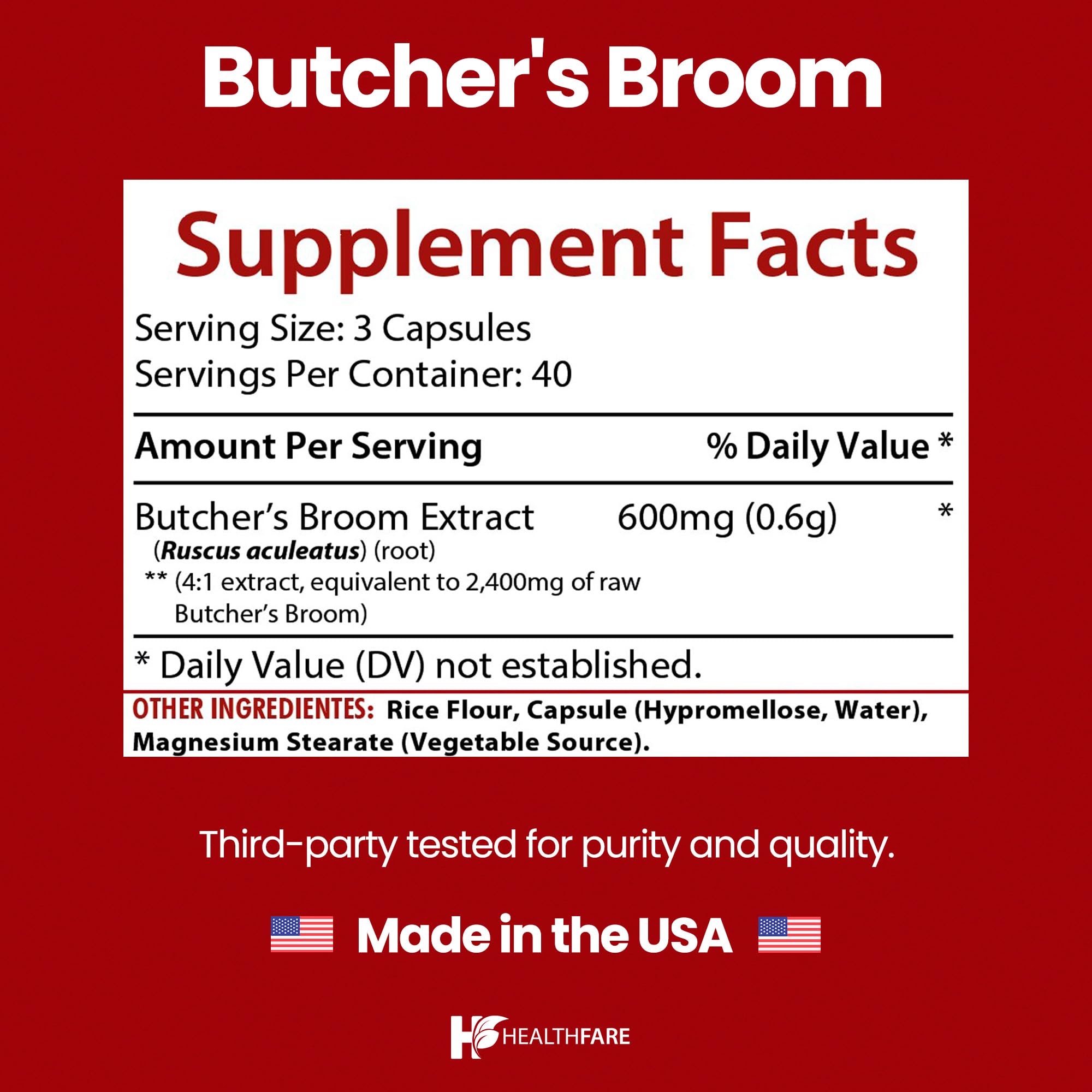 Healthfare Butcher’s Broom Extract Capsules bottle with label