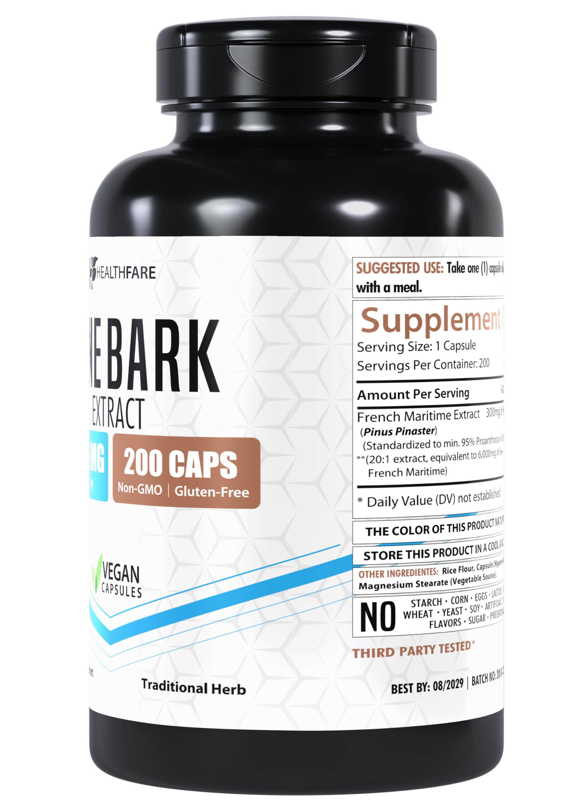 Healthfare French Maritime Pine Bark Extract bottle on a wooden table