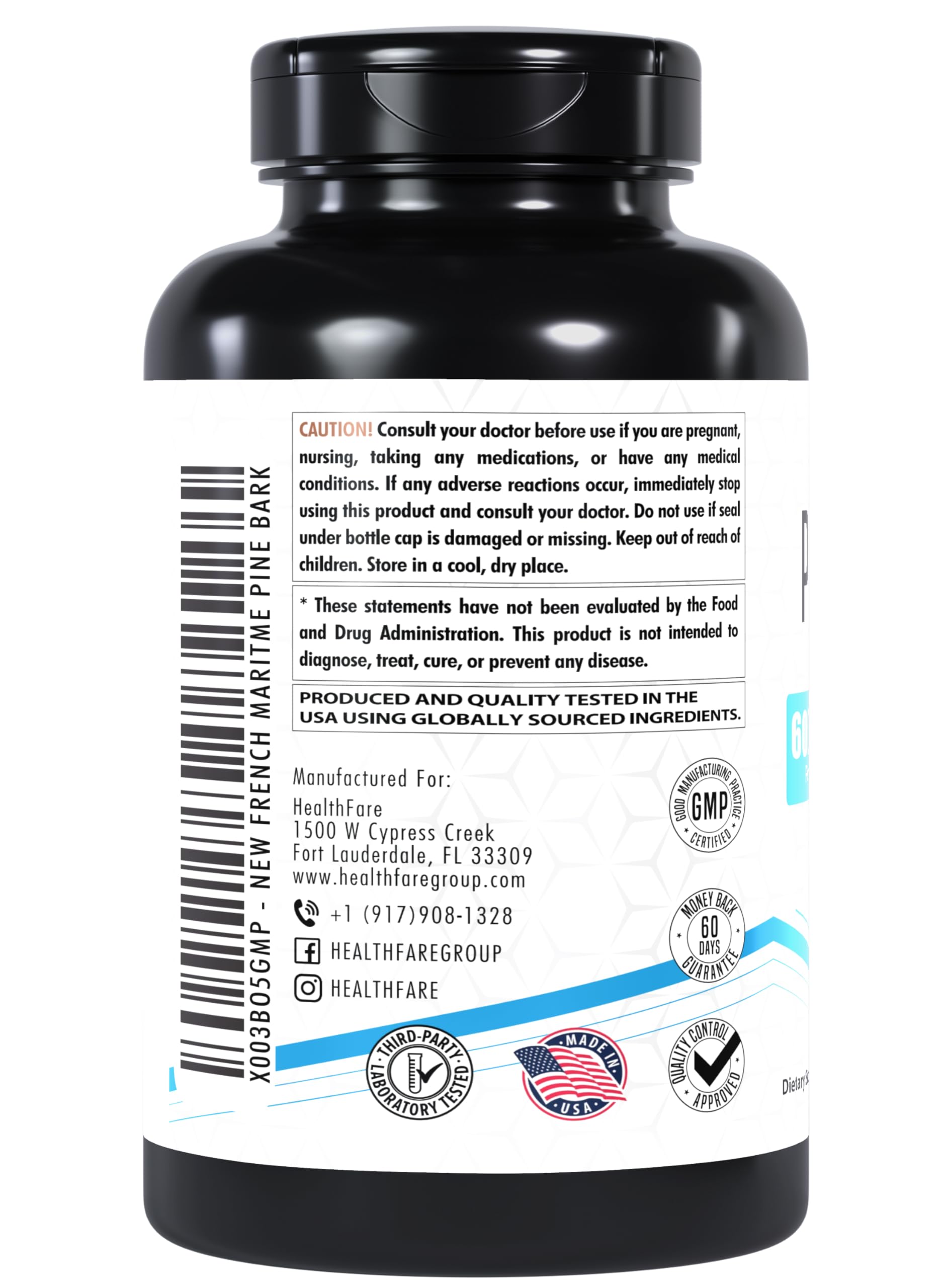 Healthfare French Maritime Pine Bark Extract bottle side view showing clean label