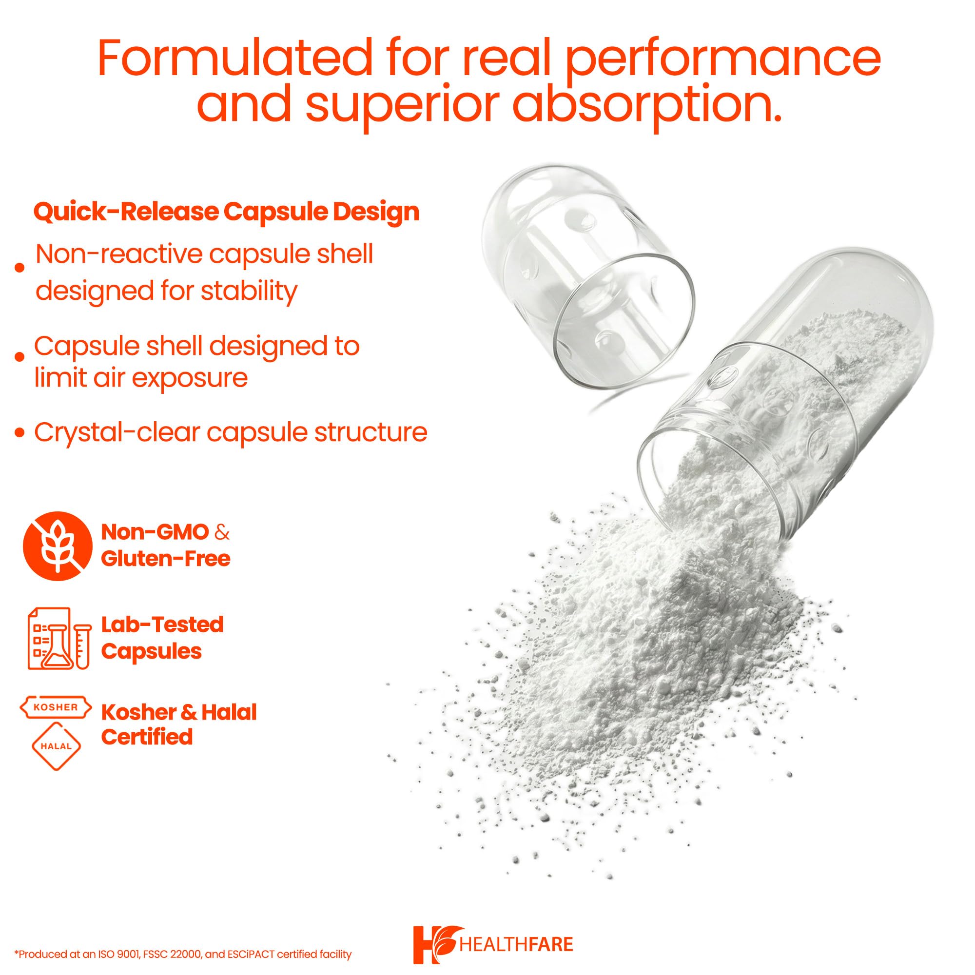 Healthfare L-Glutamine capsules on a wooden table