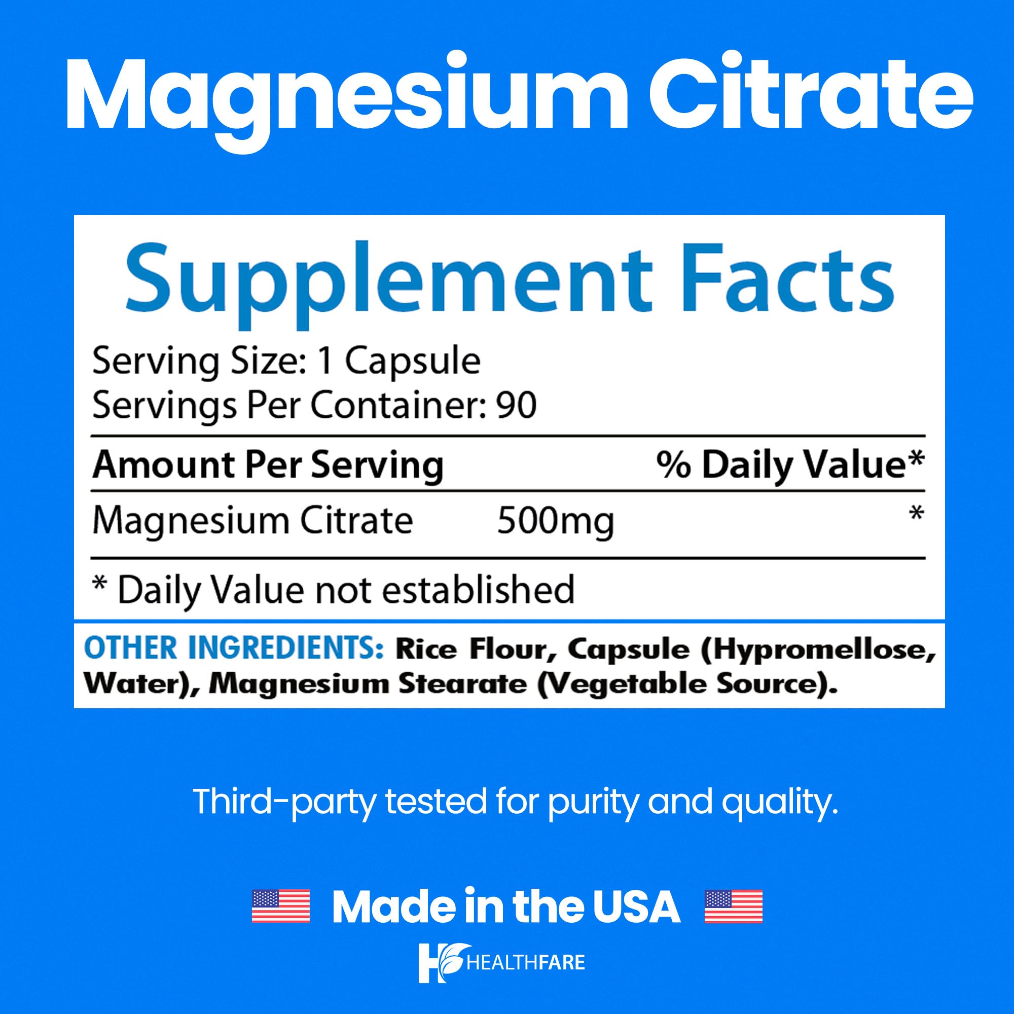 Healthfare Magnesium Citrate Capsules 500mg bottle with label