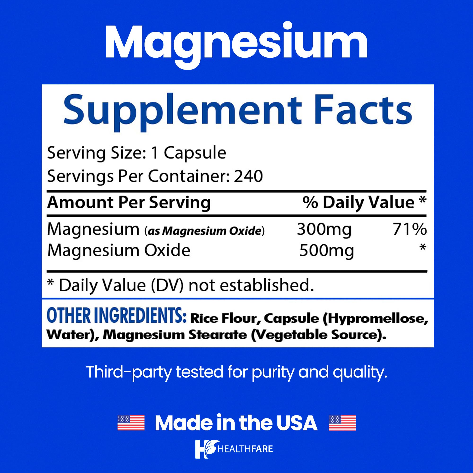 Healthfare Magnesium Supplement 500mg vegan capsules bottle with label