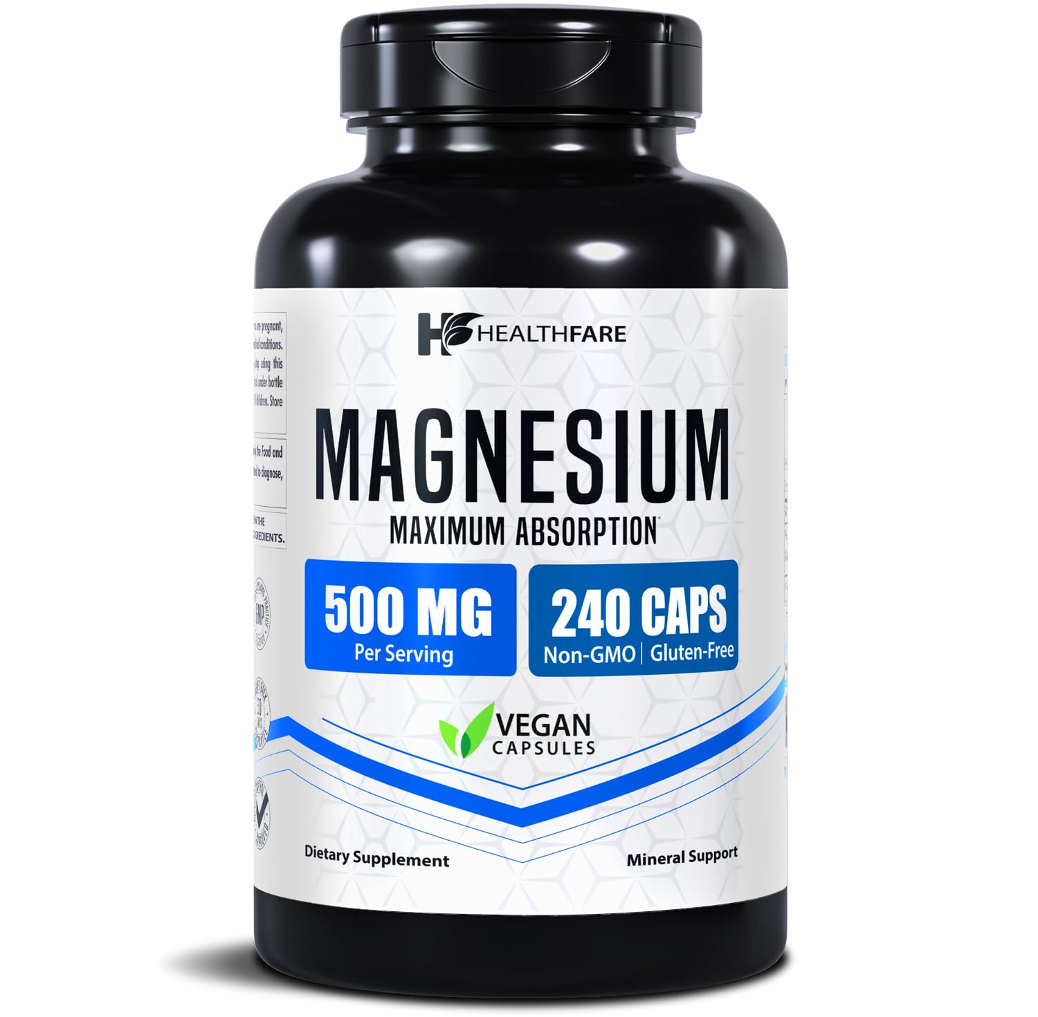 Healthfare Magnesium Supplement 500mg vegan capsules front view