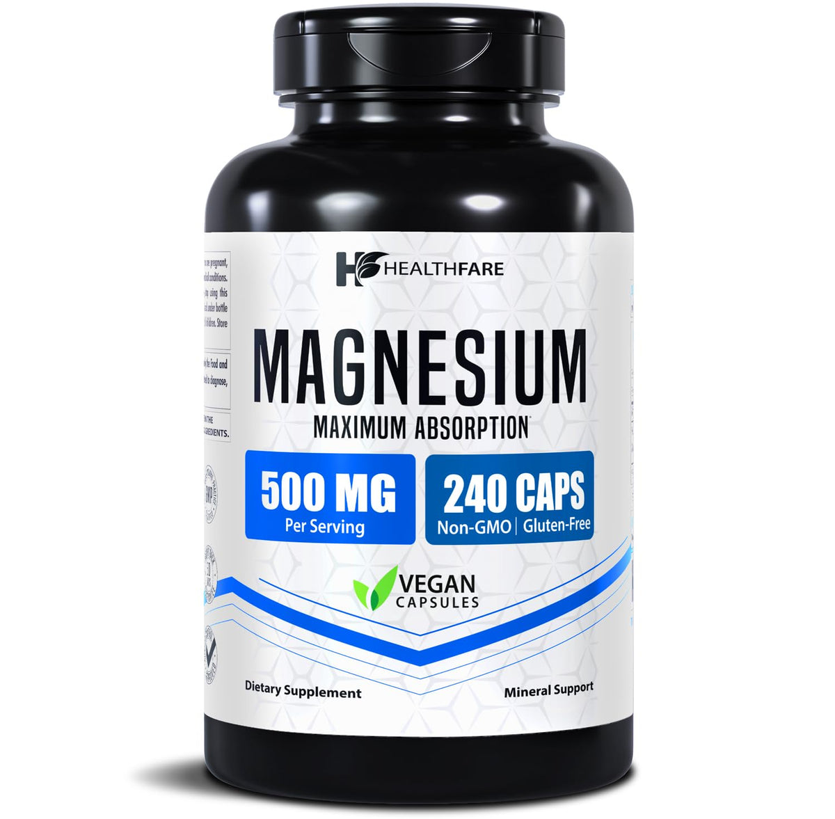 Healthfare Magnesium Supplement 500mg vegan capsules front view