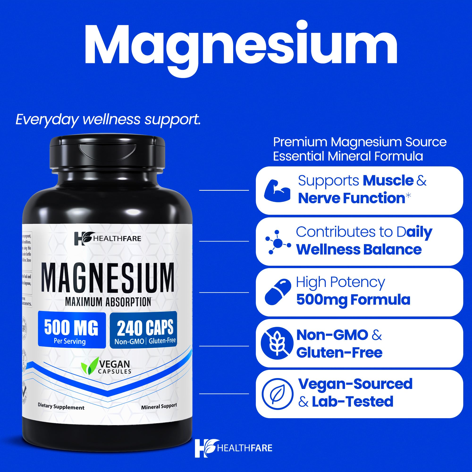 Healthfare Magnesium Supplement 500mg vegan capsules side view