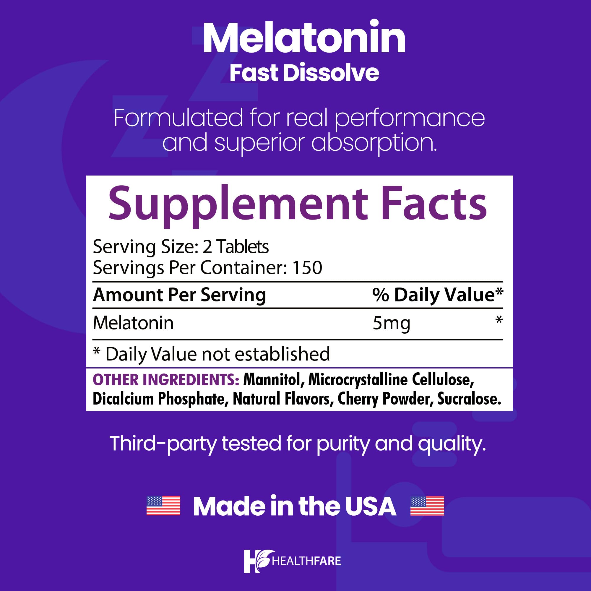 Healthfare Melatonin 5mg Fast Dissolve Tablets 300 Count back view