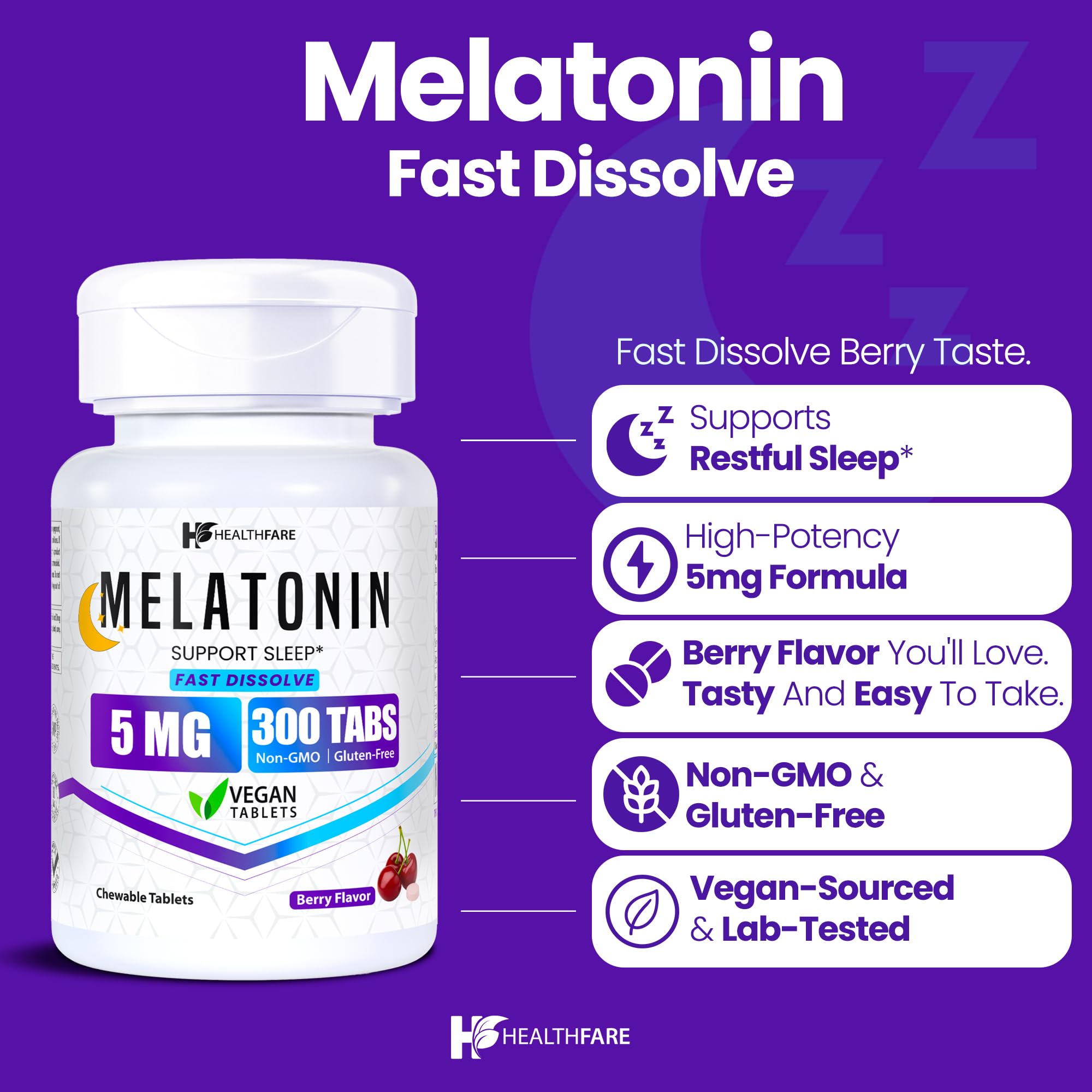 Healthfare Melatonin 5mg Fast Dissolve Tablets 300 Count side view