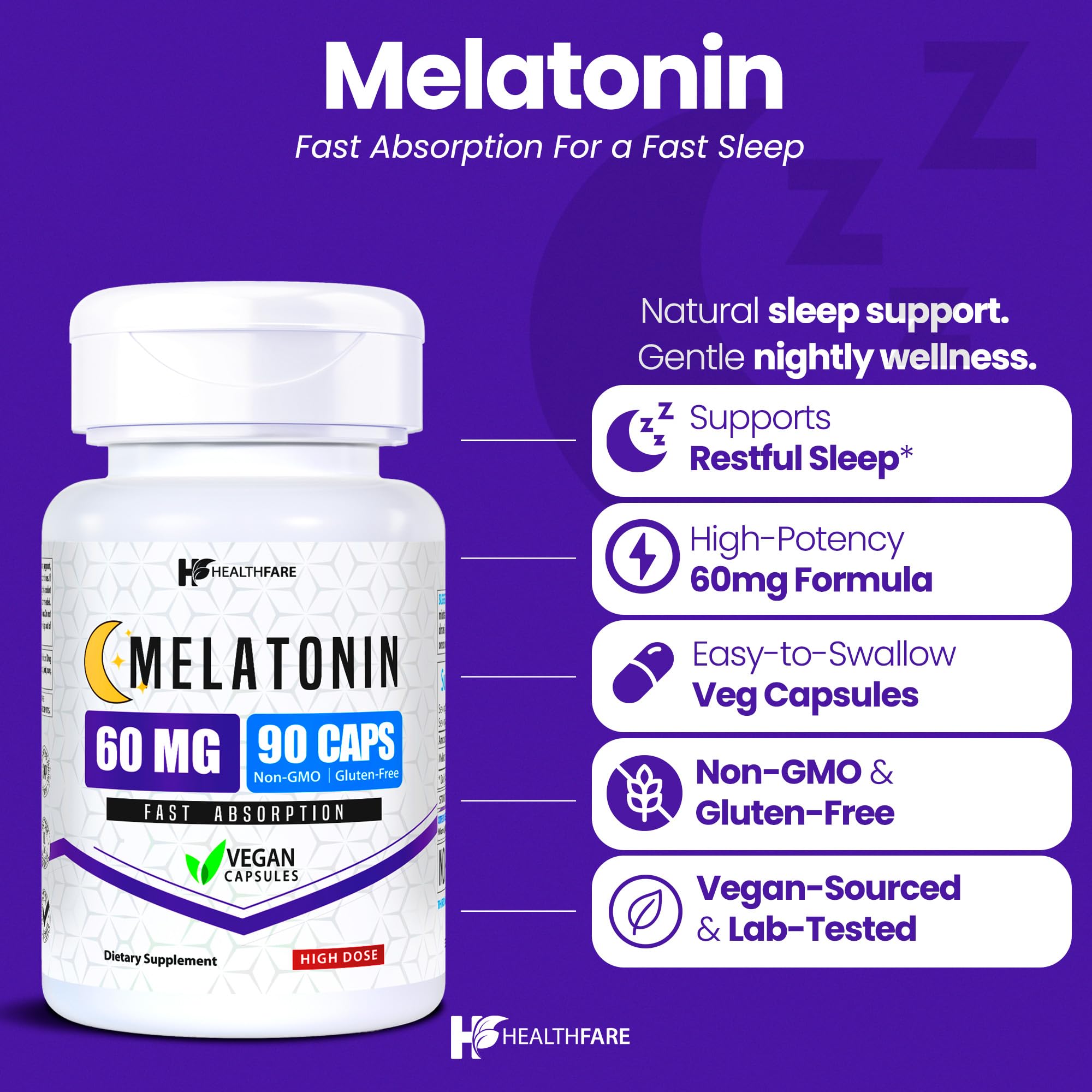 Healthfare Melatonin 60mg 90 vegetarian capsules side view