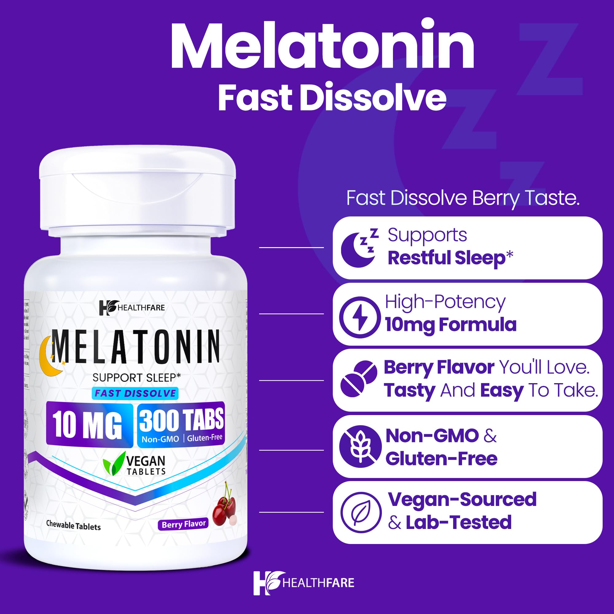 Healthfare Melatonin Fast Dissolve Tablets 10mg side view showing packaging