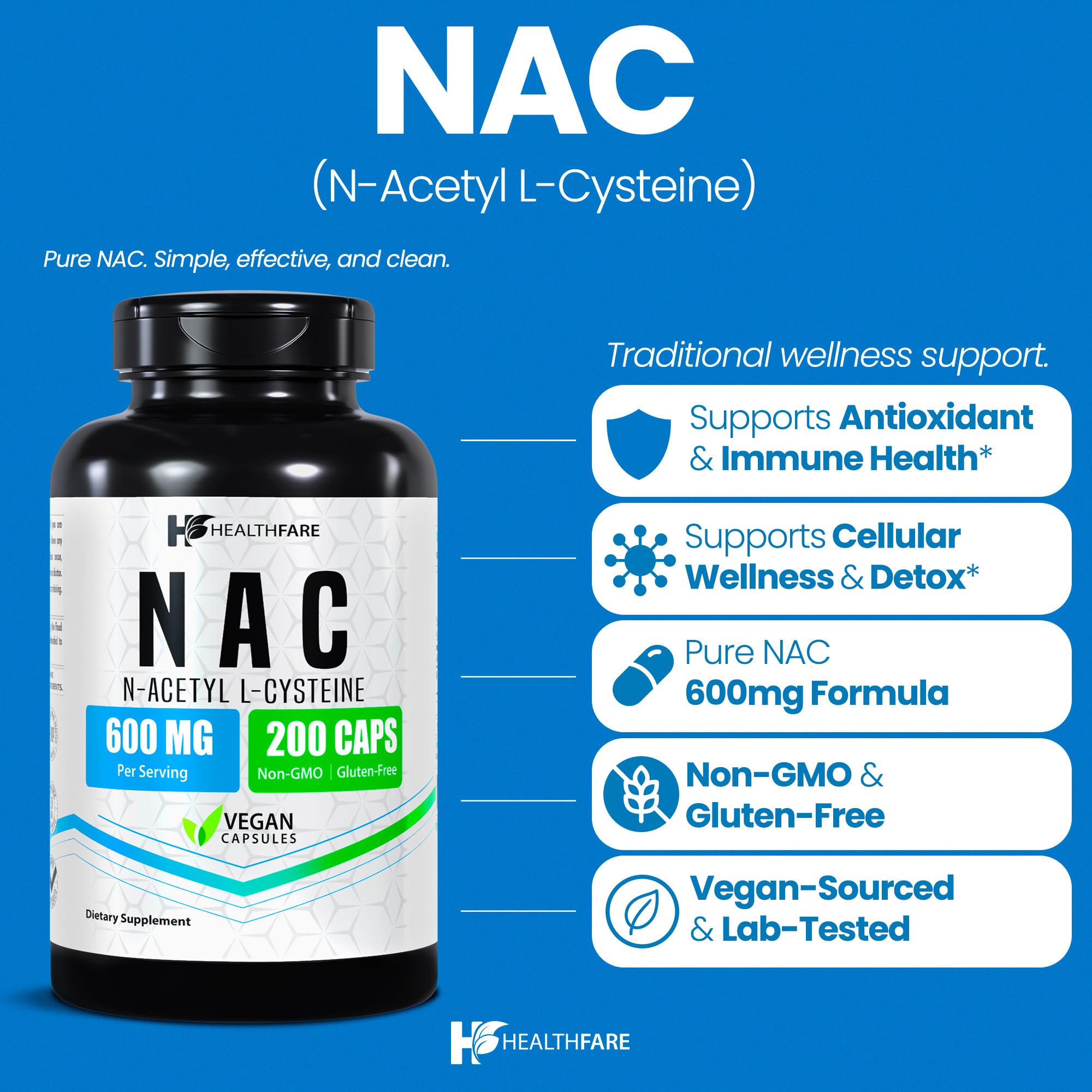 Healthfare NAC Supplement bottle side view with label