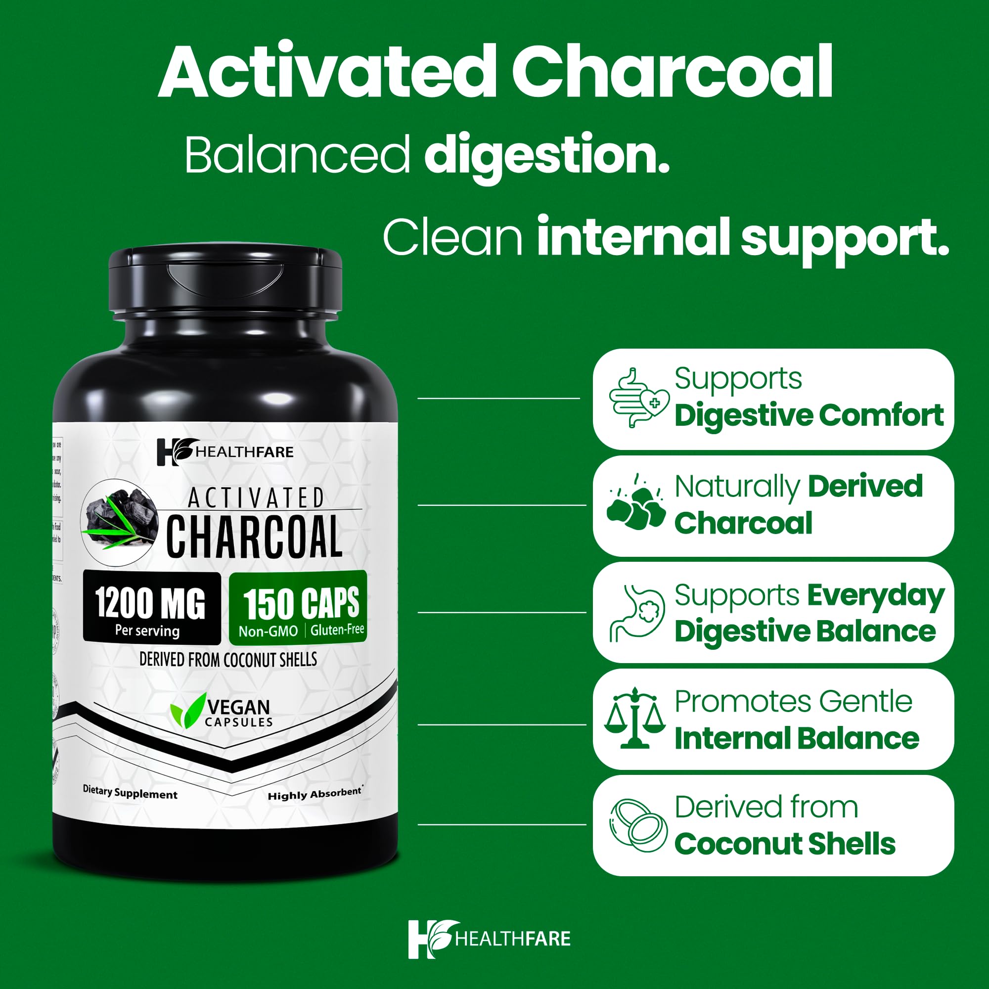 Healthfare Organic Coconut-Sourced Charcoal Capsules bottle side view