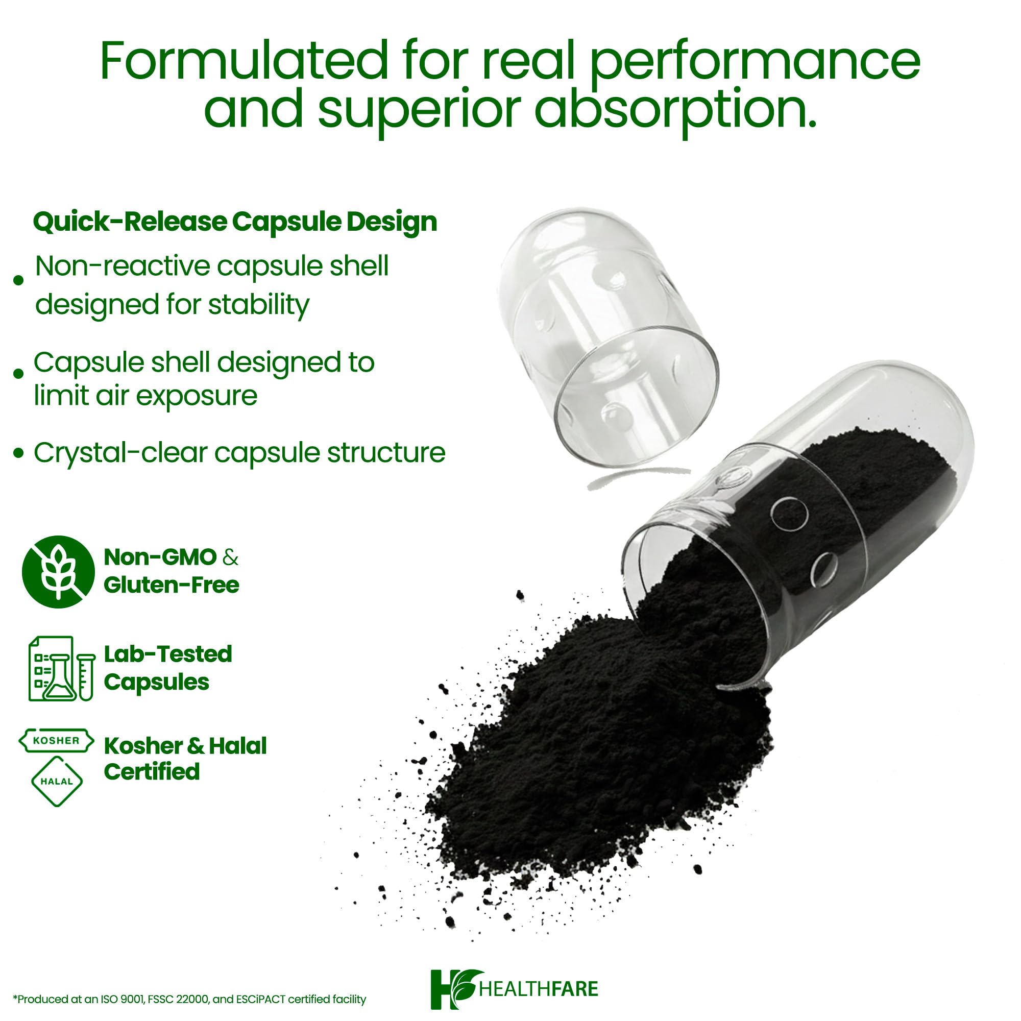 Healthfare Organic Coconut-Sourced Charcoal Capsules on a wooden table