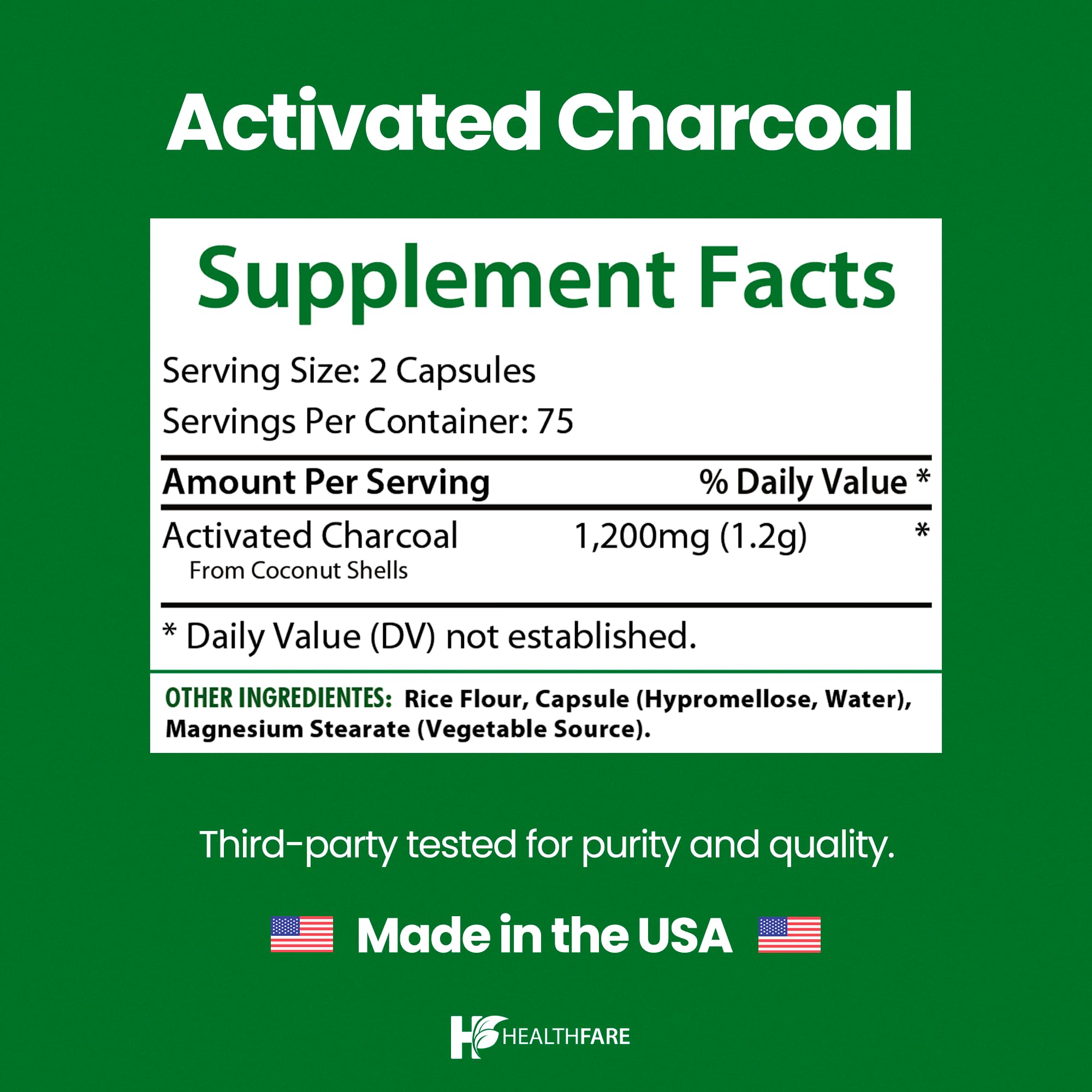 Healthfare Organic Coconut-Sourced Charcoal Capsules with dosage information