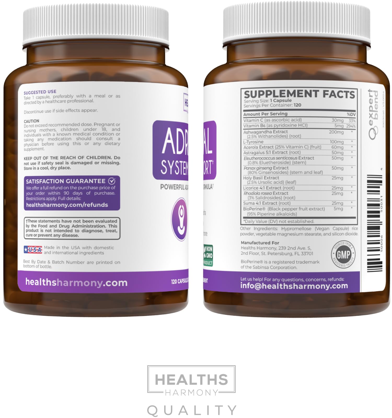 Healths Harmony Adrenal Support Supplement displayed with other vitamins