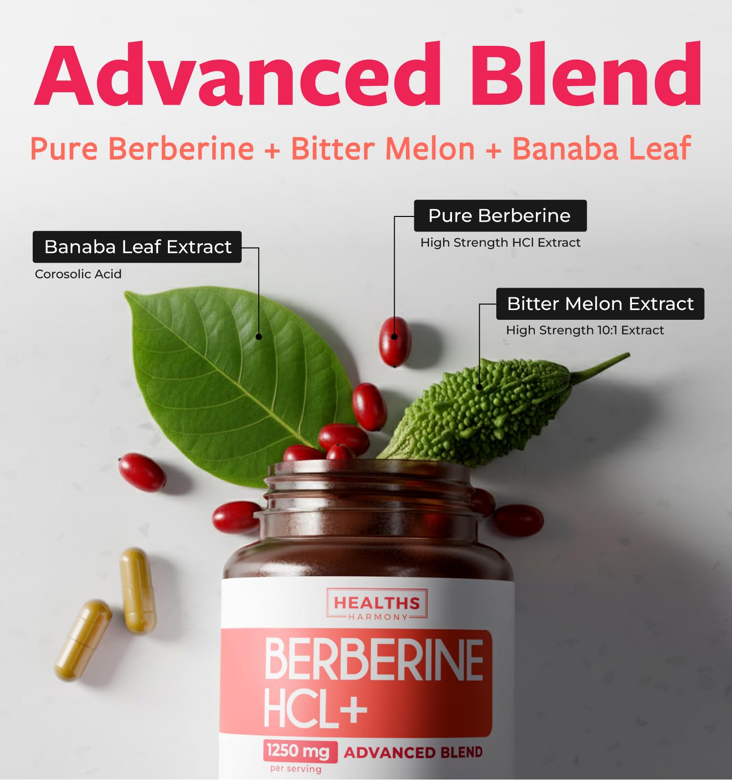 Healths Harmony Berberine HCL Plus Supplement 1000mg back view