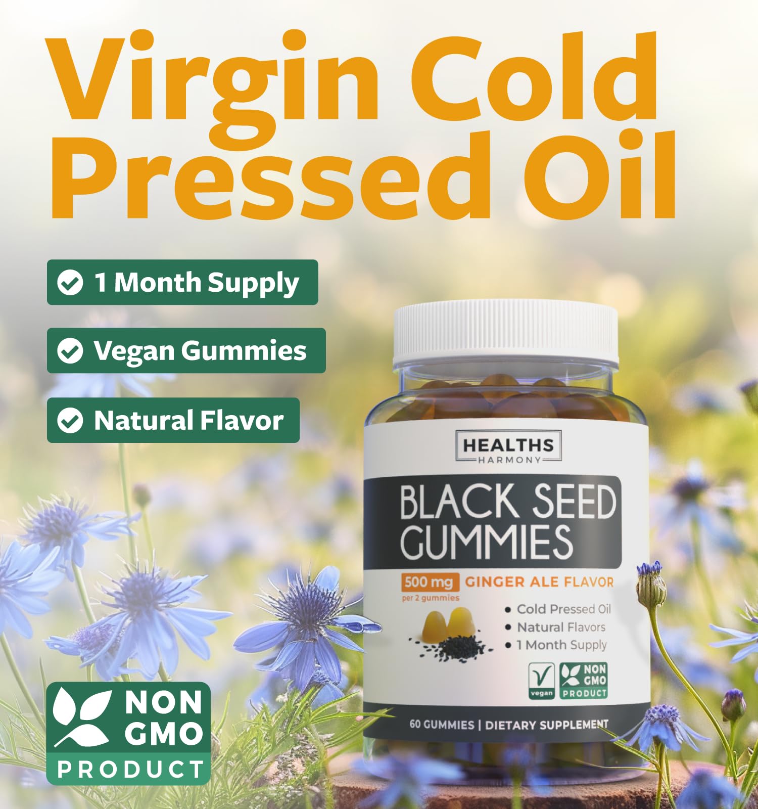 Healths Harmony Black Seed Oil Gummies bottle side view