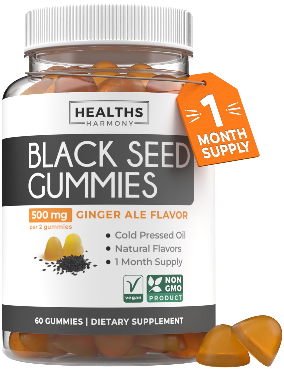 Healths Harmony Black Seed Oil Gummies front view with packaging