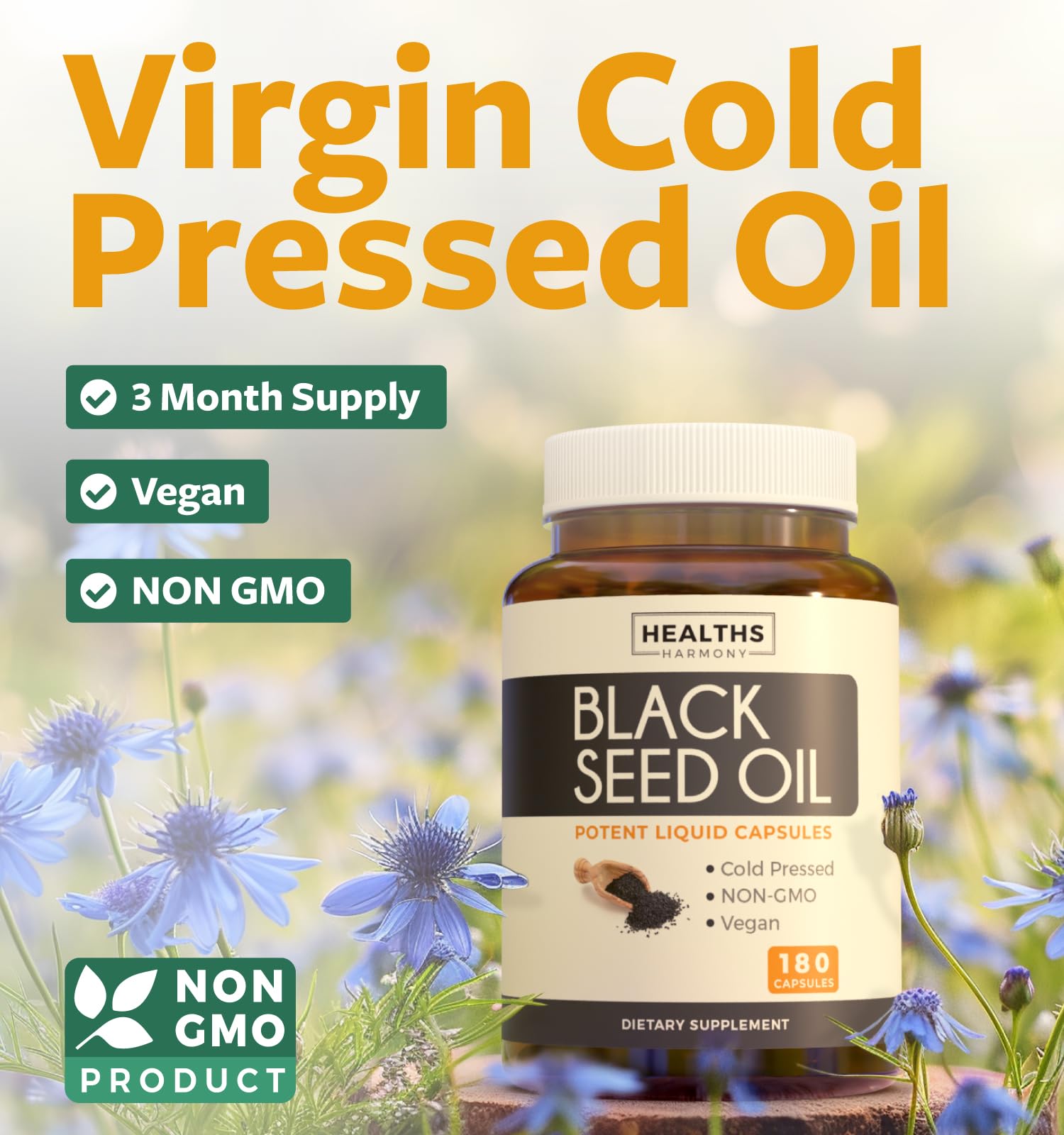 Healths Harmony Black Seed Oil Softgel Capsules 500mg back view
