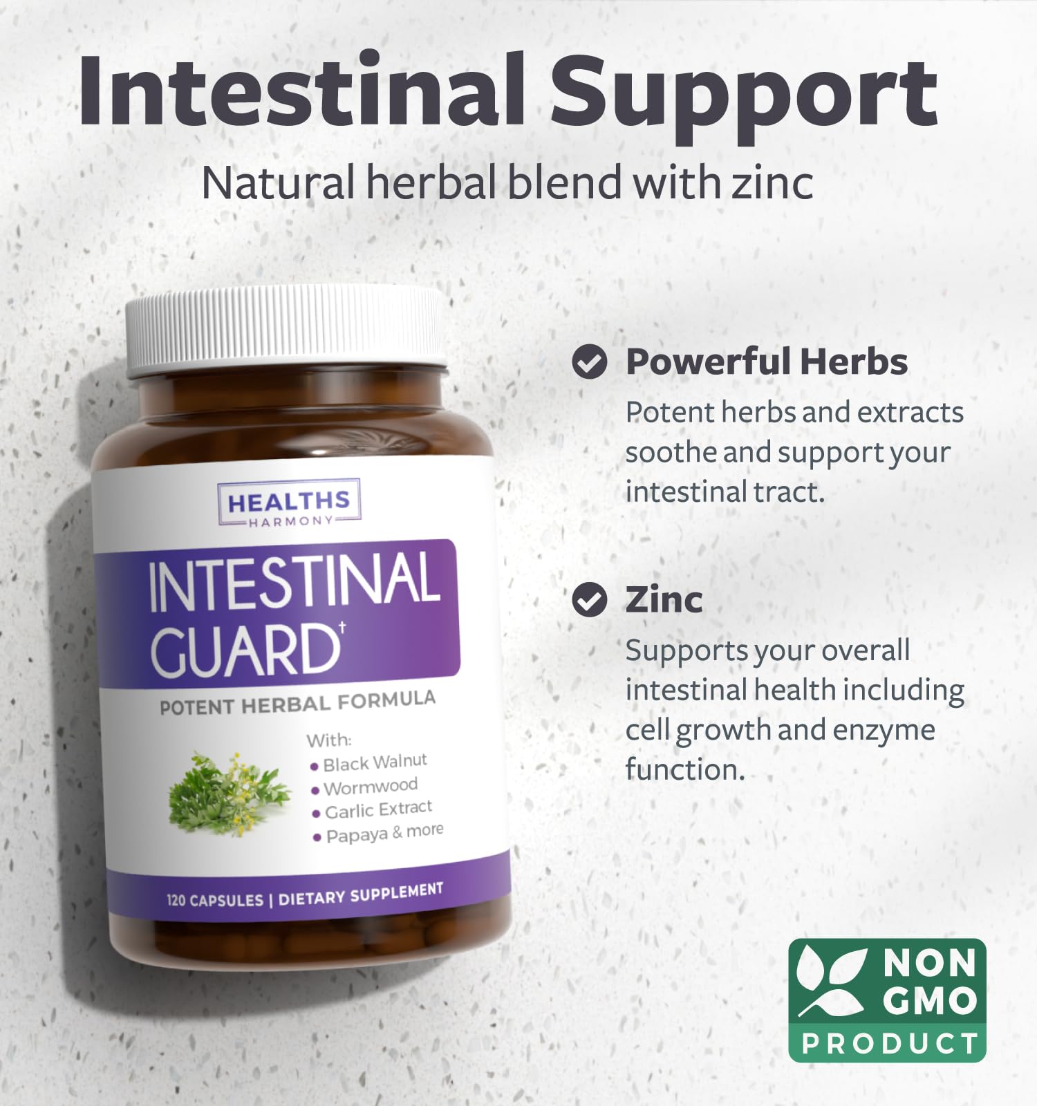 Healths Harmony Garlic Intestinal Guard supplement bottle side view