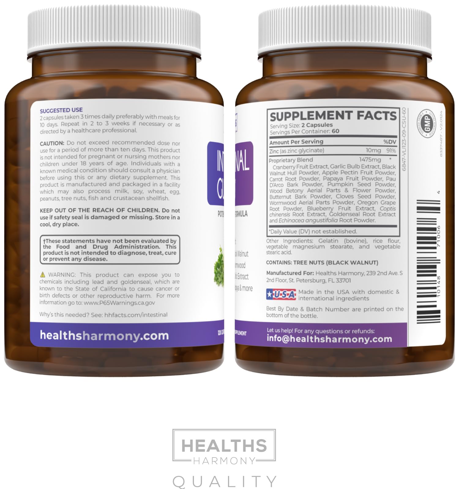 Healths Harmony Garlic Intestinal Guard supplement on a wooden table