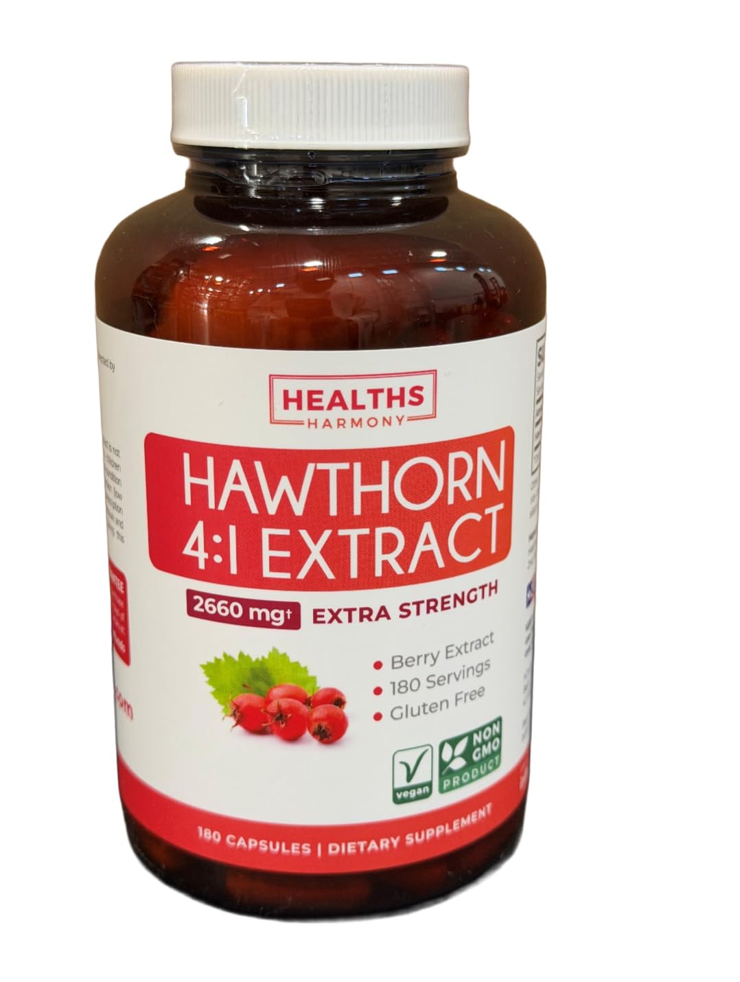 Healths Harmony Hawthorn Berry Extract Capsules on a wooden table